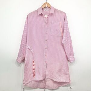 Bislife Pink White Candy Stripe Button Up Drawstring Tunic Top, Mini Dress NEW